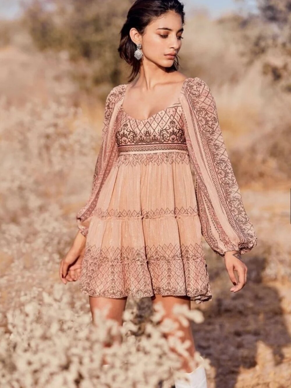 NWT Hemant & Nandita Noor Mini Dress Sz S Beige Brown Tiered Lined Boho Luxe